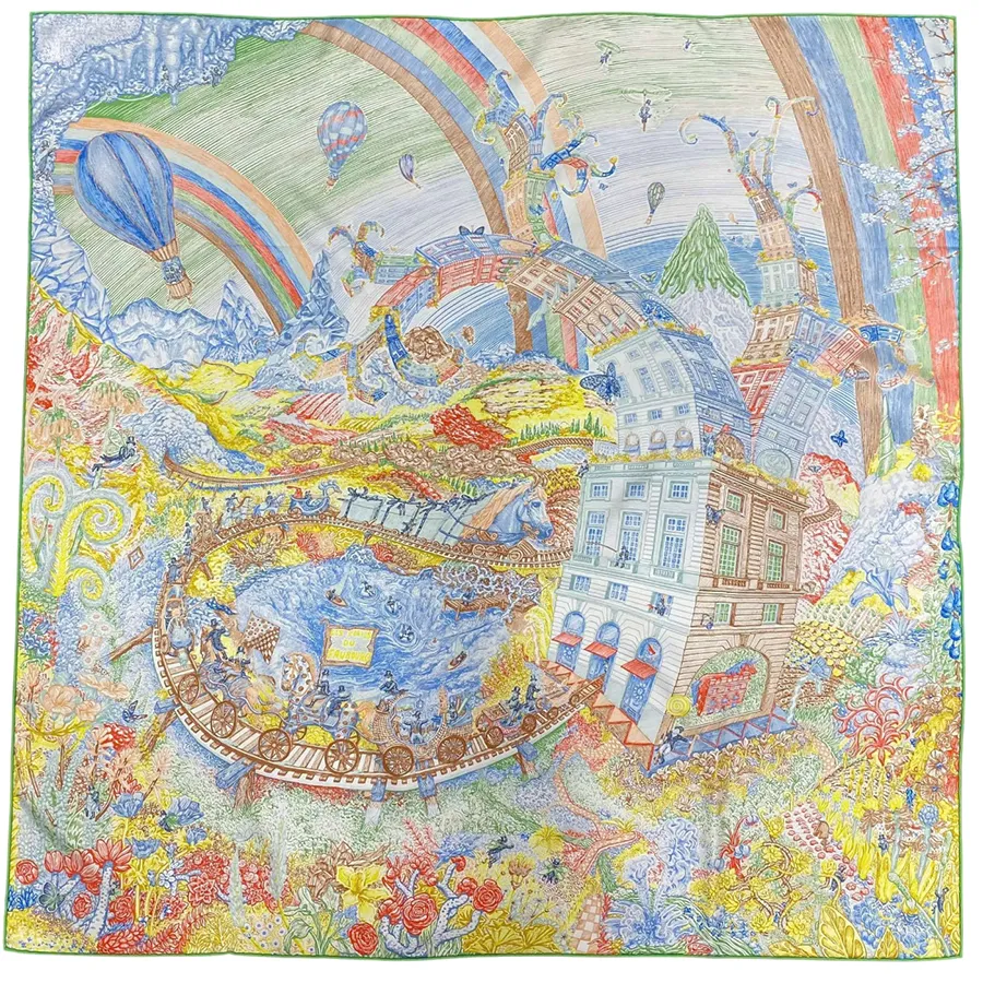 Khăn Nữ Hermès 90 Hermes Scarf Carre 90 Crazy Faubourg Màu Xanh Họa Tiết N-HM