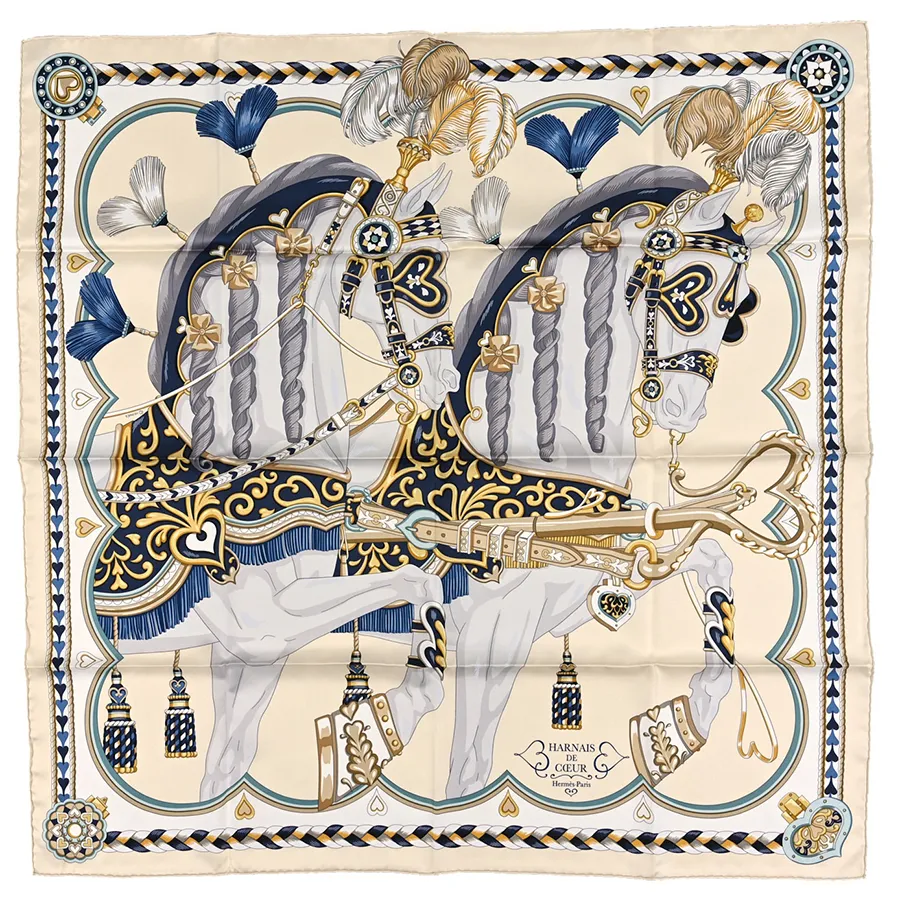 Khăn Nữ Hermès Harnais De Coeur Scarf 90 Màu Kem Họa Tiết Vua