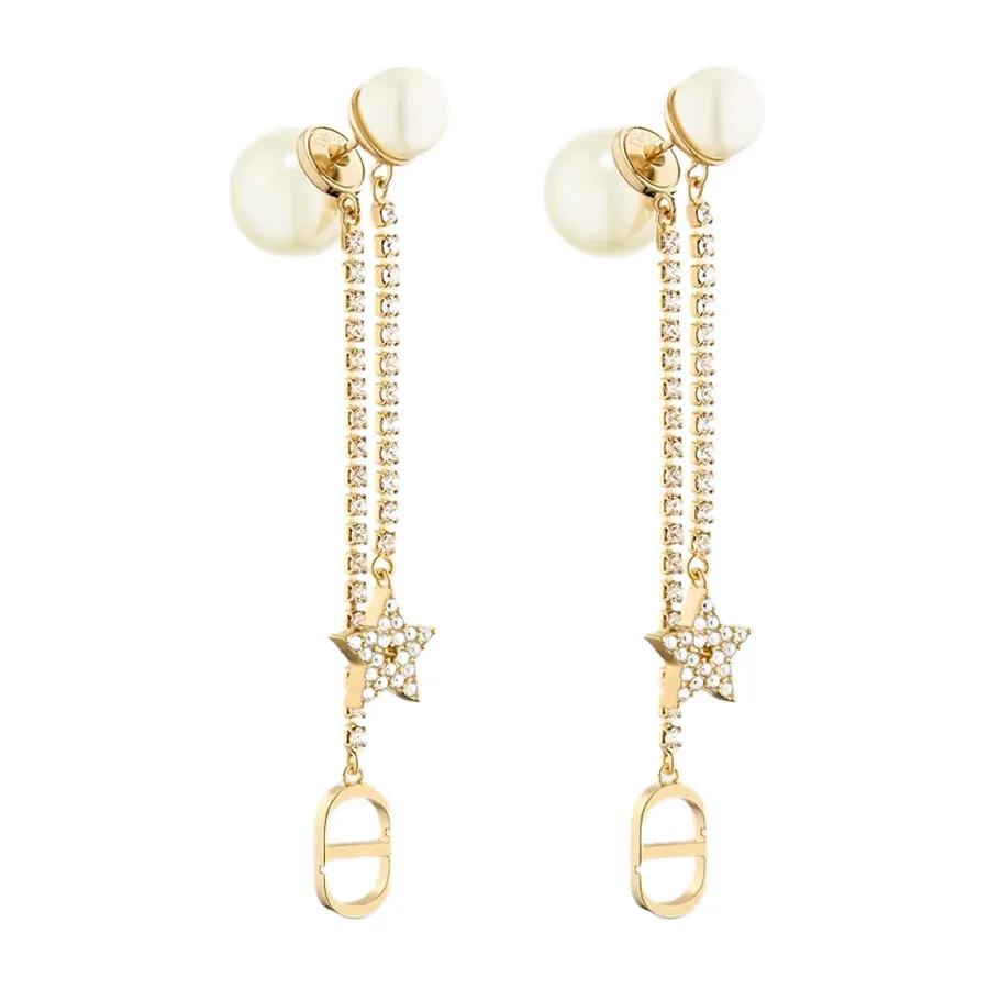 Khuyên Tai Nữ Dior Tribales Earrings Gold-Finish Metal, White Resin Pearls and White Crystals Màu Vàng D-PT