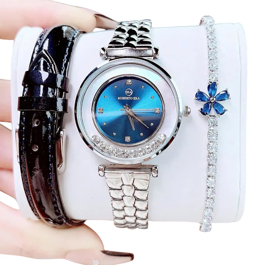 Set Đồng Hồ + Vòng Đeo Tay Nữ Roberto Era Quartz 32mm Màu Bạc/ Xanh Dương