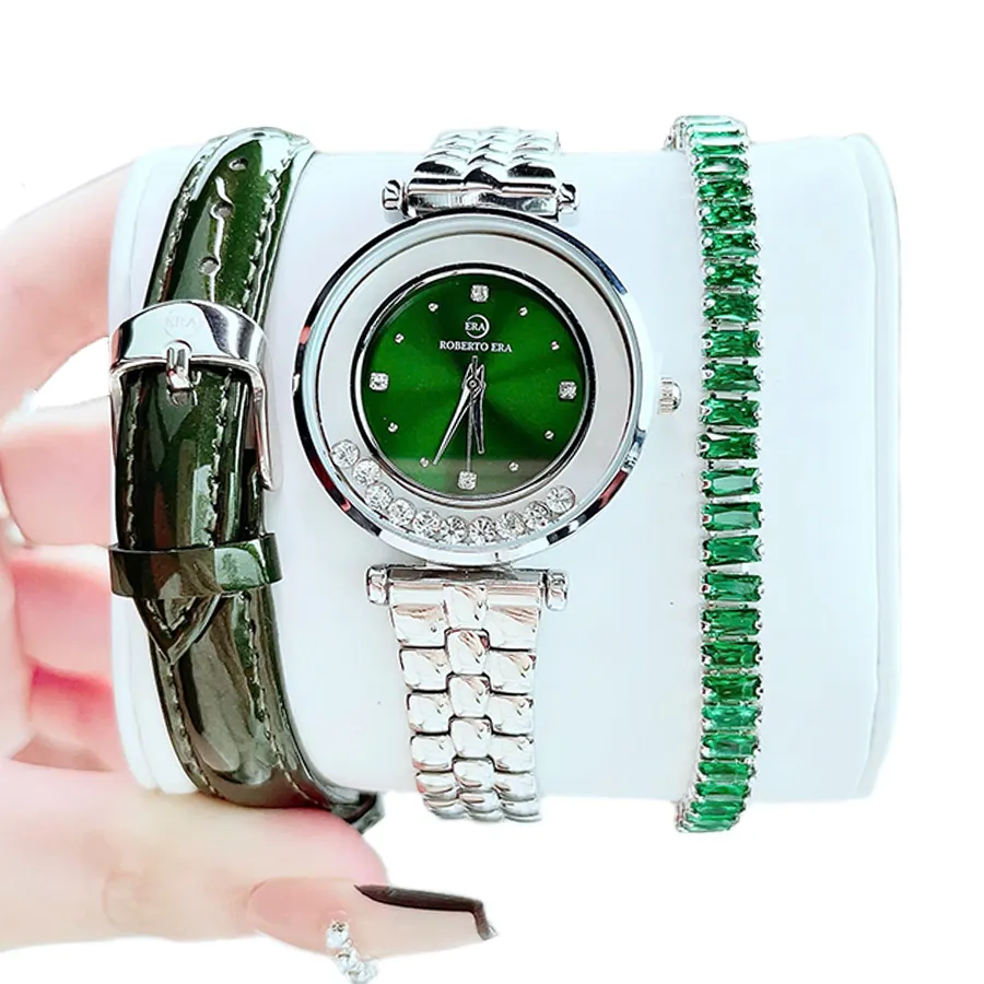 Set Đồng Hồ + Vòng Đeo Tay Nữ Roberto Era Quartz 32mm Màu Bạc Xanh Lá