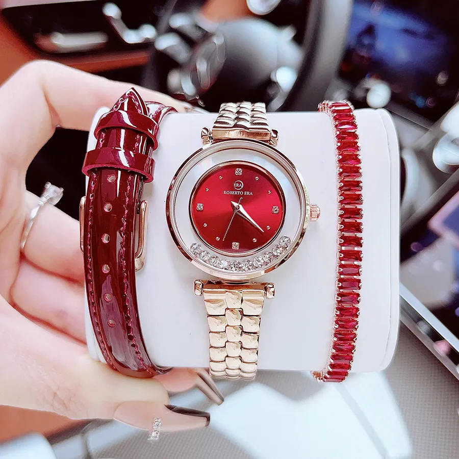 Set Đồng Hồ + Vòng Đeo Tay Nữ Roberto Era Quartz 32mm Màu Đỏ