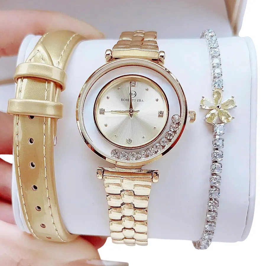 Set Đồng Hồ + Vòng Đeo Tay Nữ Roberto Era Quartz 32mm Màu Vàng Hồng