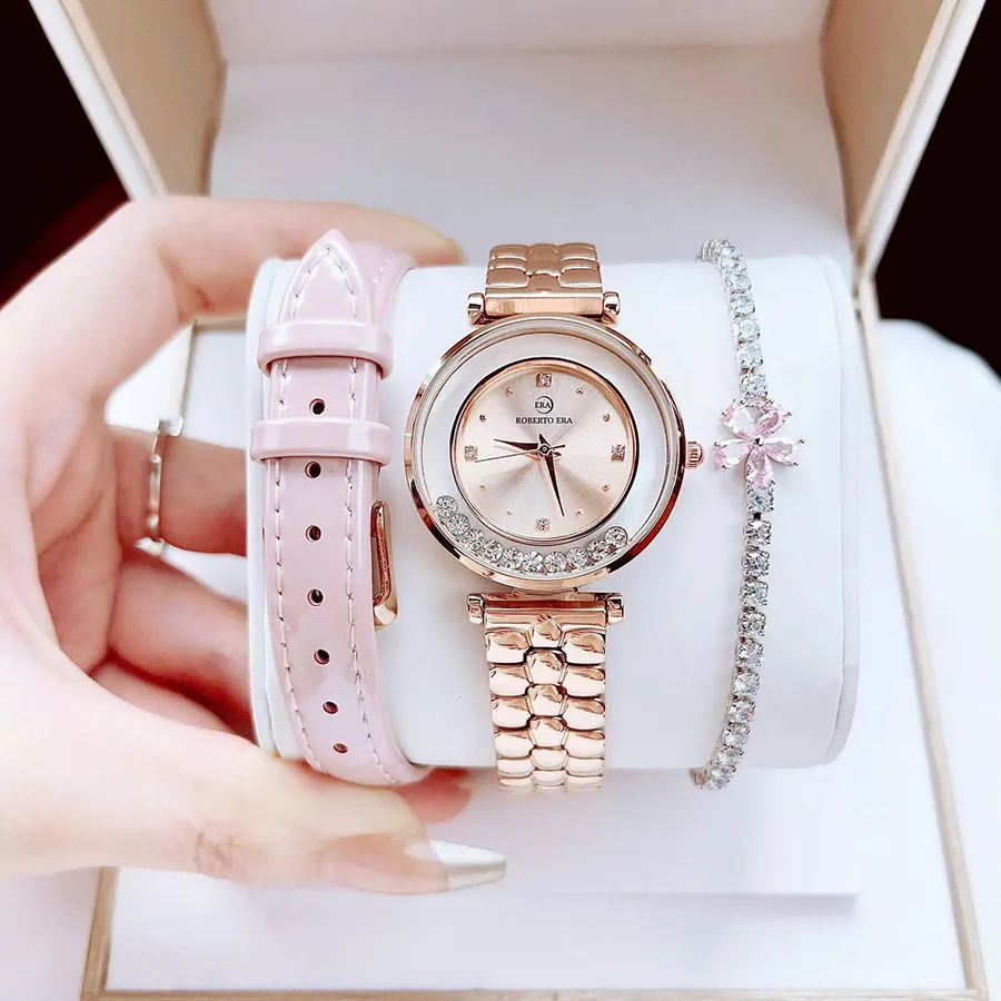 Set Đồng Hồ + Vòng Đeo Tay Nữ Roberto Era Watch Màu Hồng