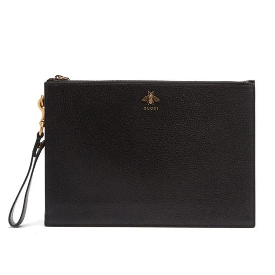 Túi Cầm Tay Nam Gucci Bee-Plaque Leather Pouch 523684-DJ20T-1000 Màu Đen D-NQ