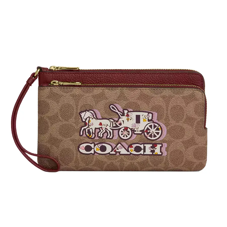 Ví Nữ Coach Double Zip Wallet In Signature Canvas With Horse And Carriage CX590 Màu Nâu