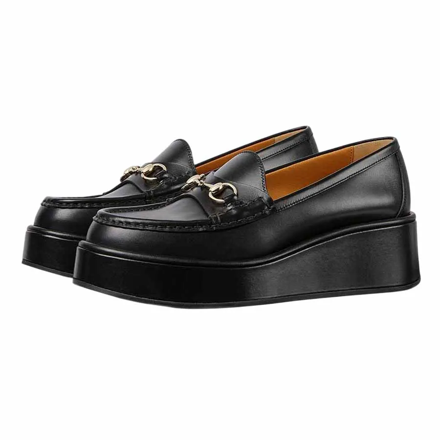 Giày Lười Nữ Gucci Women's Horsebit Wedge Loafer 794317 AADO0 1000 Cao 6cm Màu Đen Size 35.5 N-HM