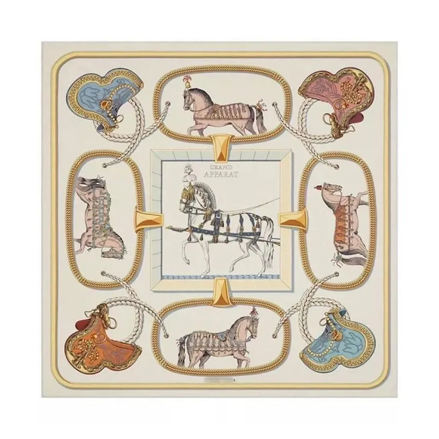 Khăn Nữ Hermès Carre 90 Scarf Grand Apparat Scarves Wraps Màu Kem Họa Tiết D-QN