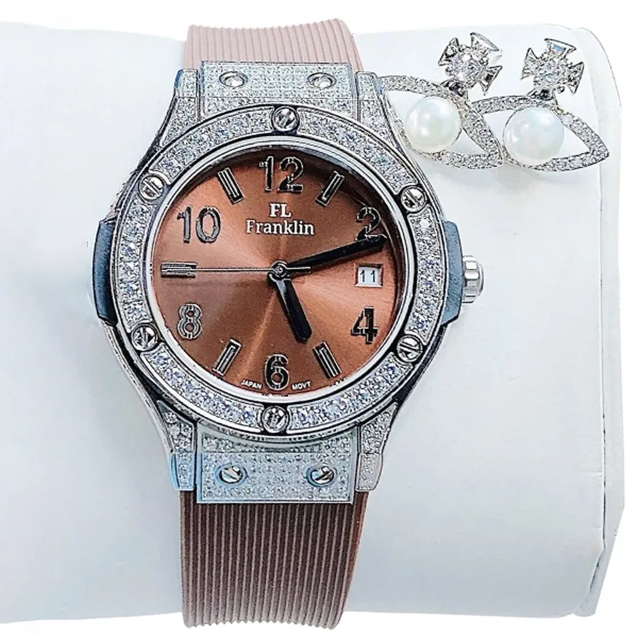 Set Đồng Hồ Nữ FL Franklin FL24610 Silver Đính Đá 35mm Màu Nâu Bạc (Tặng Kèm Khuyên Tai)