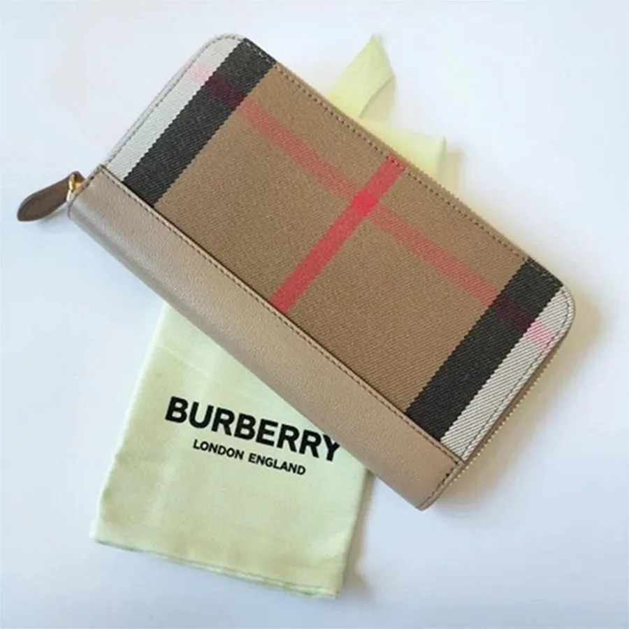 Ví Nữ Burberry Nova Check Leather Long Zip Around Wallet Beige
