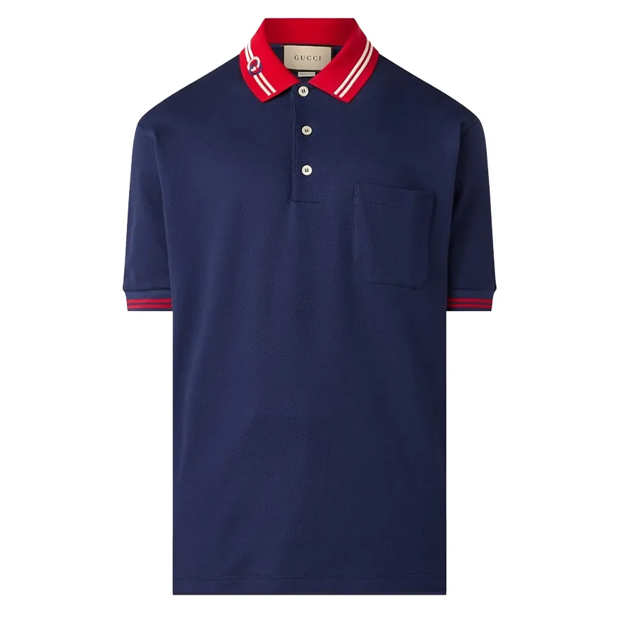 Áo Polo Nam Gucci Regular Fit Van Piqué Katoen Met Getipte Boorden Màu Xanh Navy Size S