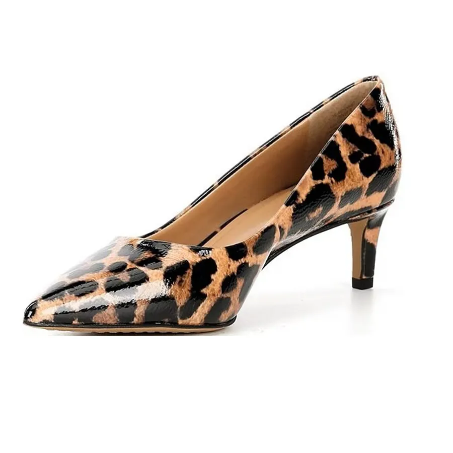 Giày Cao Gót Nữ Vince Camuto Leopard Print Patent Leather Pointed Toe Kitten Heel Pumps 20598916 Brown Màu Nâu Size 36.5