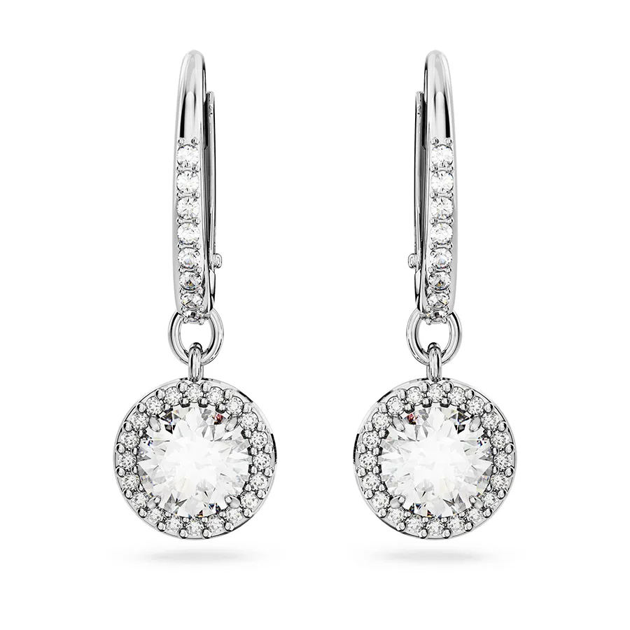Khuyên Tai Nữ Swarovski Constella Drop Earrings Round Cut, Pavé, White, Rhodium Plated 5636270 Màu Bạc