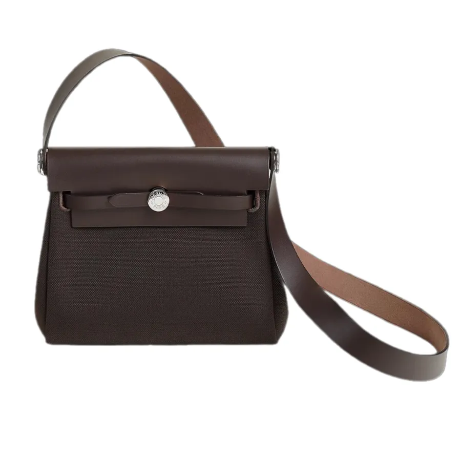Túi Xách Tay Nữ Hermès Herbag Zip 20 Bag Military Canvas Hunter Cowhide & Palladium Ebene Màu Nâu