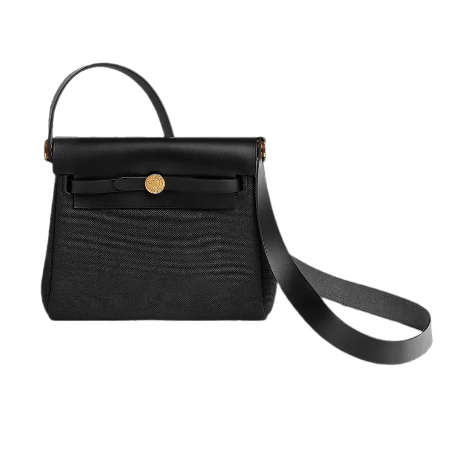 Túi Xách Tay Nữ Hermès Herbag Zip 20 Bag Retourne Military Canvas Hunter Cowhide & Gold Noir Màu Đen