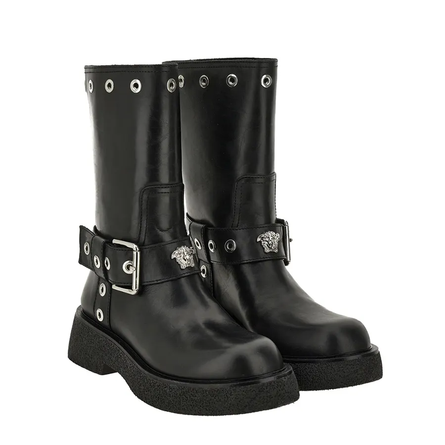 Giày Boot Nữ Versace Biker H.55 Calf Leather Eyelets 1015606 Màu Đen ...