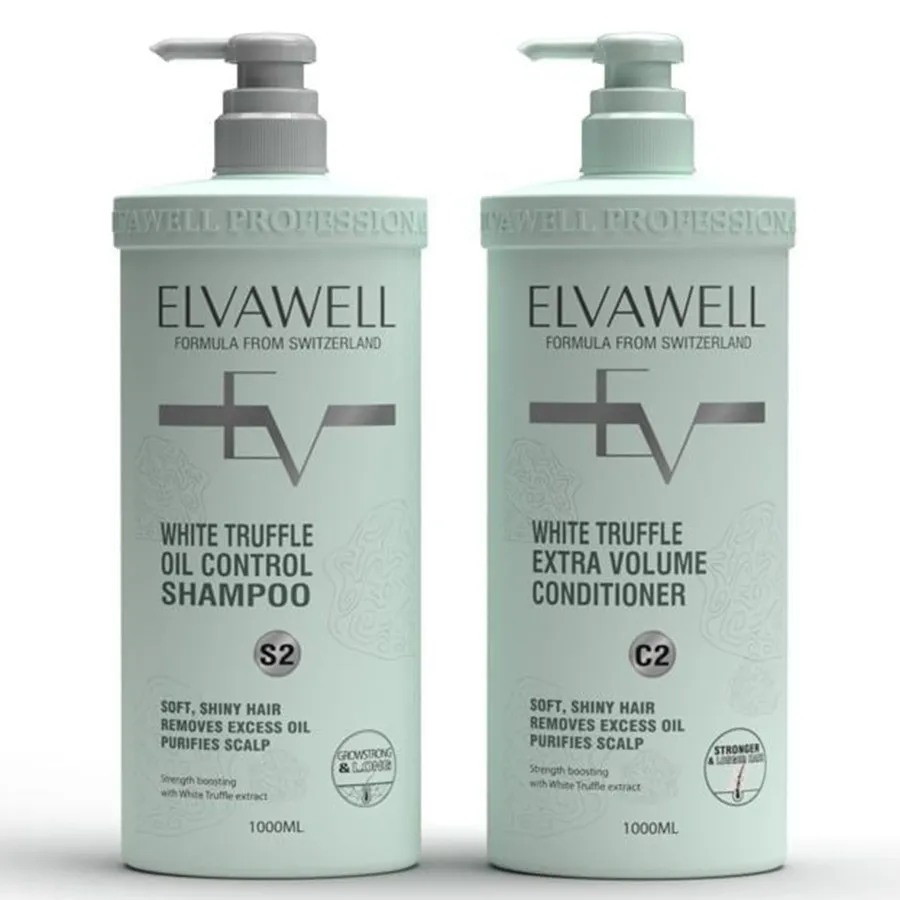 Set Dầu Gội Và Xả Hỗ Trợ Giảm Rụng Tóc Sạch Dầu Bết Elvawell White Truffle (1000ml x 2)