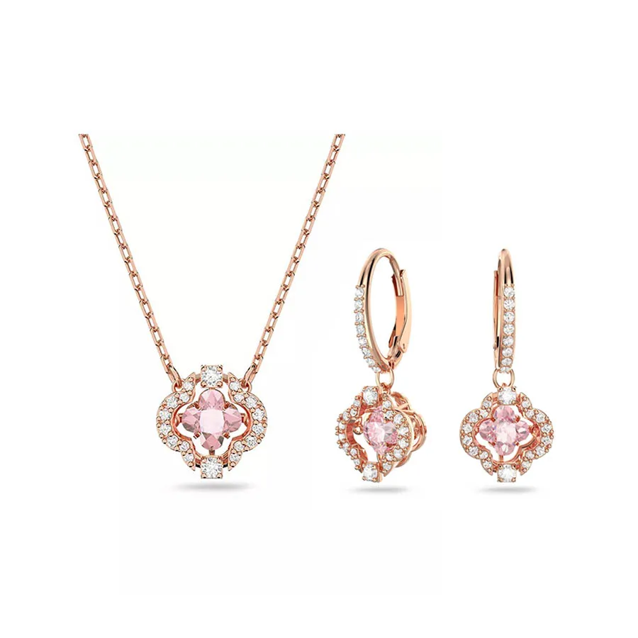 Set Dây Chuyền Và Khuyên Tai Nữ Swarovski Una Necklace Sparkling Dance  Clover And Earrings Rose Gold Màu Vàng Hồng