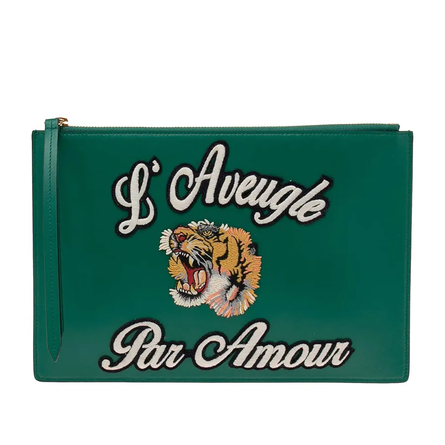 Túi Cầm Tay Nữ Gucci Leather L'Aveugle Par Amour Pouch Màu Xanh