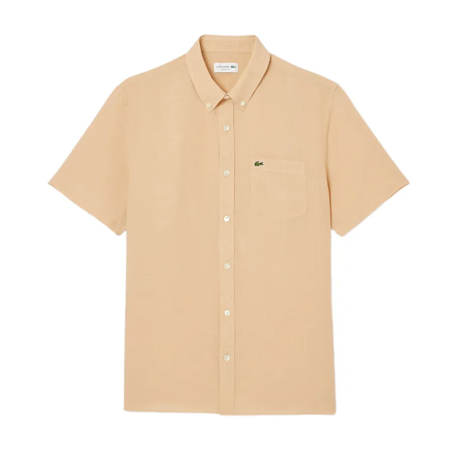 Áo Sơ Mi Cộc Tay Nam Lacoste Regular Fit Shirt CH5699 IXQ Màu Be Size 40