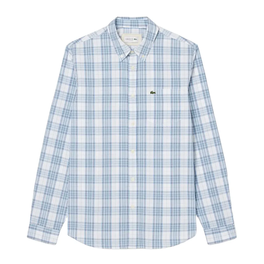 Áo Sơ Mi Dài Tay Nam Lacoste Men's Regular Fit Stretch Plaid Shirt CH3745  CGI Màu Trắng Xanh Size 40