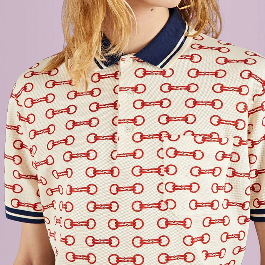 Áo Polo Nam Gucci Horsebit Print Cotton Màu Kem Họa Tiết Size M 