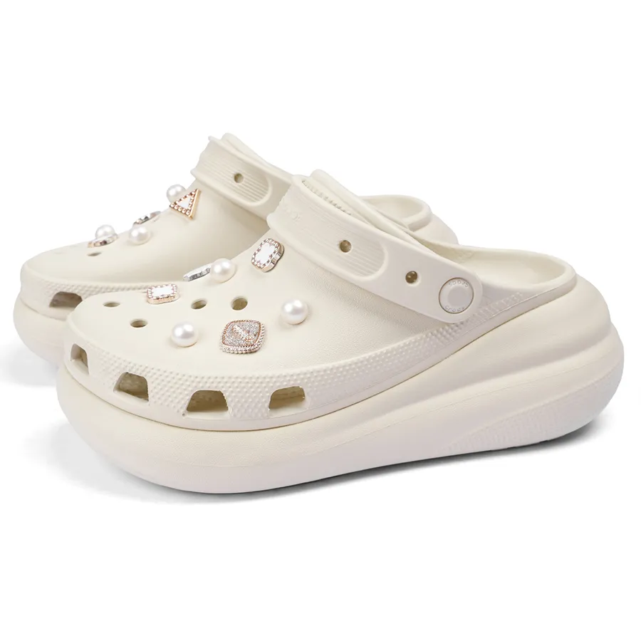 Giày Sục Nữ Crocs Crush Clog Woman Embellished With White Pearl And Quart Gems Bone Màu Trắng Kem Size 36-37