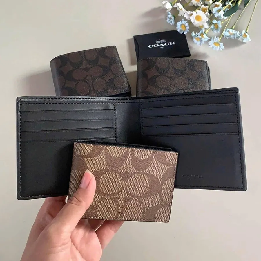 Ví Nam Coach In Wallet In Blocked Signature Canvas Màu Nâu