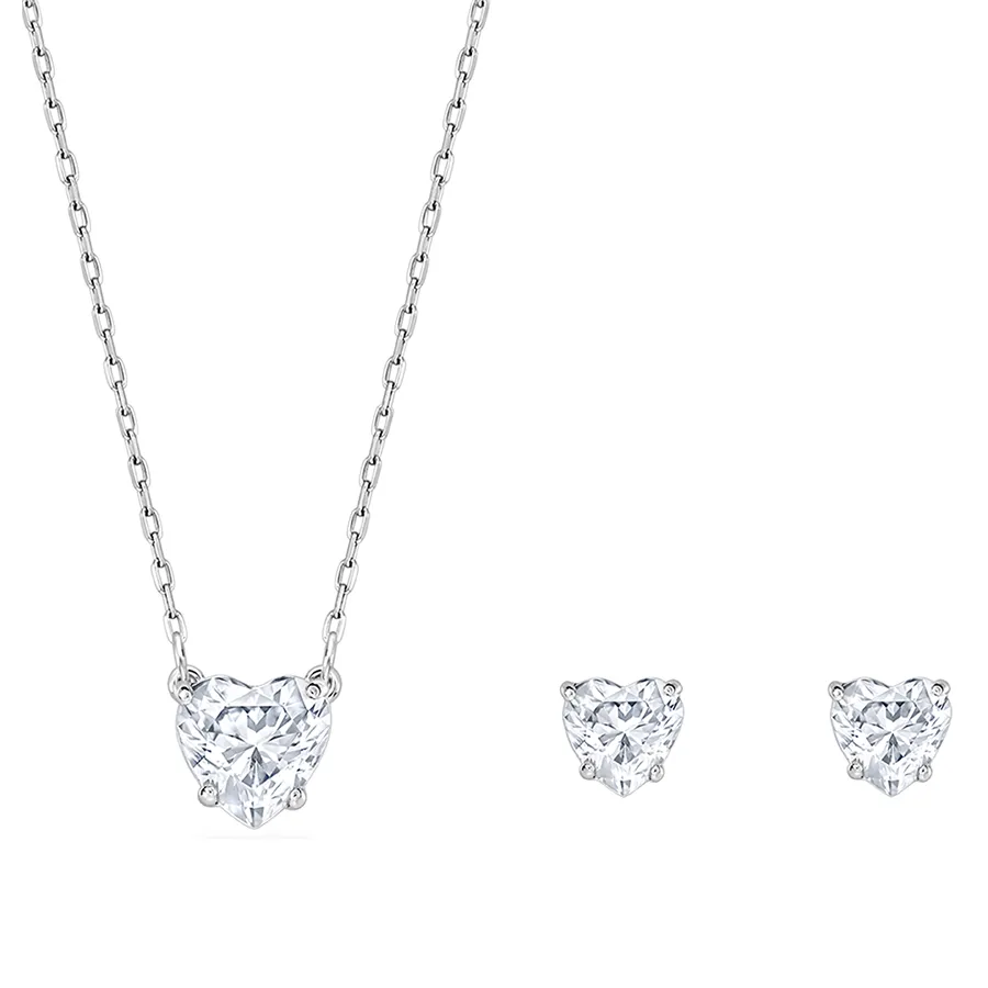 Set Dây Chuyền + Khuyên Tai Nữ Swarovski Stilla Attract Set Heart, White, Rhodium Plated 5646751 Màu Bạc