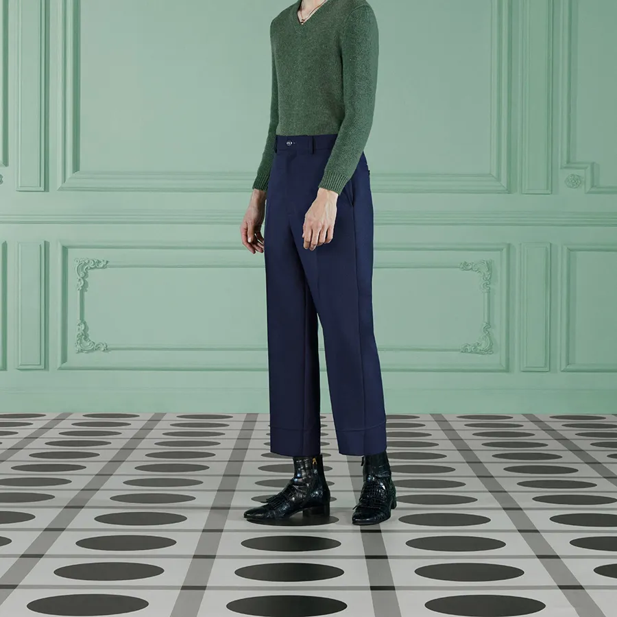Quần Dài Nam Gucci Fluid Drill Cropped Trouser Blue 690469 Z798C