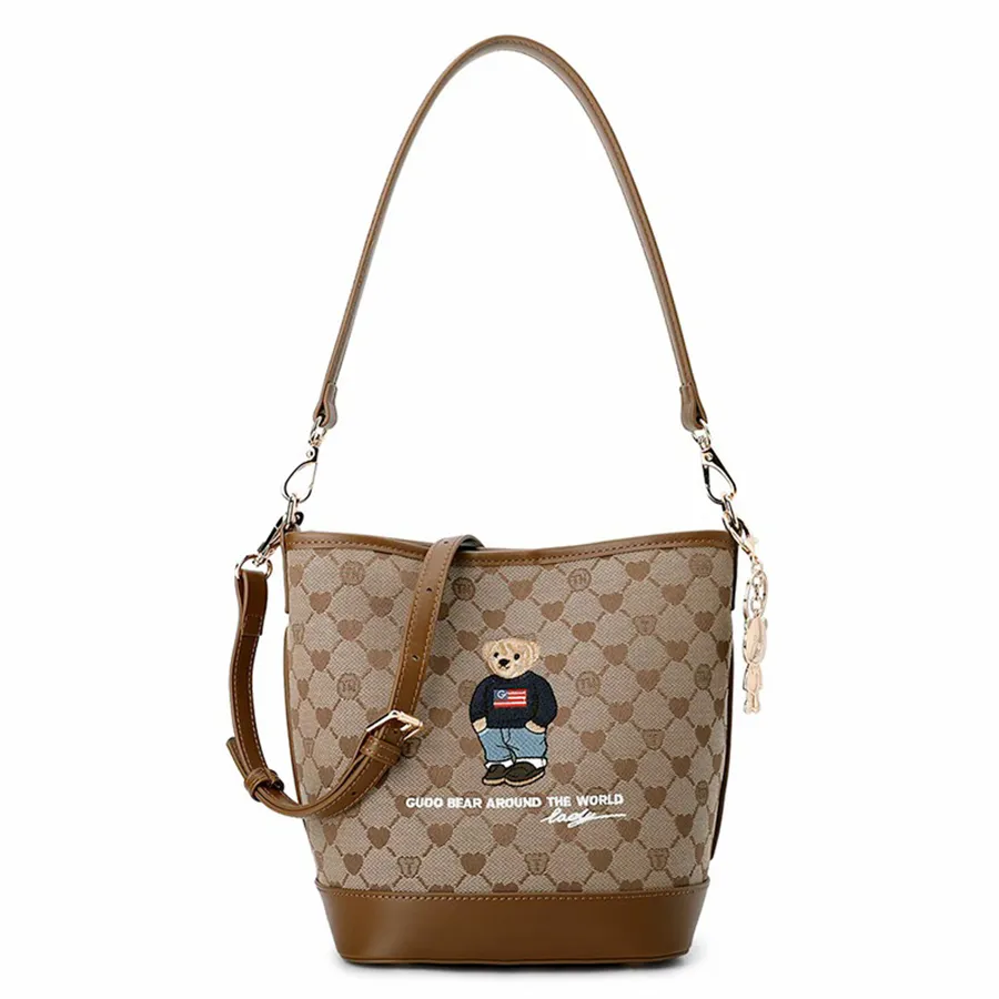 Túi Đeo Chéo Nữ Guoo Bear Crossbody Bag Coffee Colored Jacquard Heart Bucket GU8004-18120 Màu Nâu Cafe