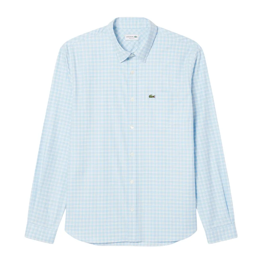 Áo Sơ Mi Dài Tay Nam Lacoste Regular Fit Stretch Plaid Shirt CH1343 62E Màu Xanh Nhạt Size 40