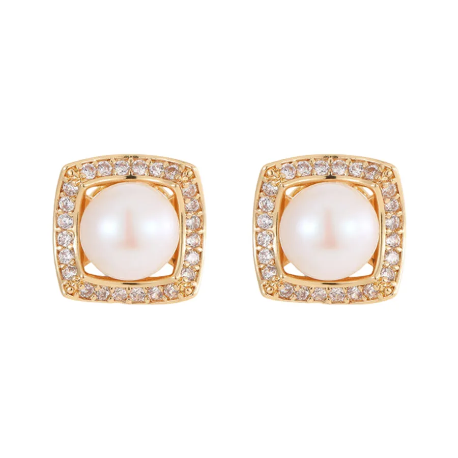 Khuyên Tai Nữ Jessica Pearl Square Pearl JE68 Màu Trắng Vàng