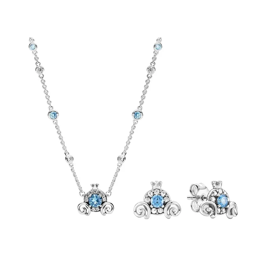 Set Dây Chuyền Và Khuyên Tai Pandora Cinderella Pumpkin Coach Màu Bạc Xanh