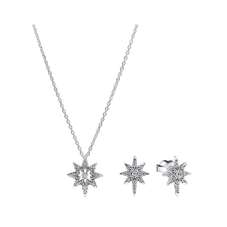 Set Dây Chuyền Và Khuyên Tai Pandora North Star Stud Necklace And Earrings Set Màu Bạc