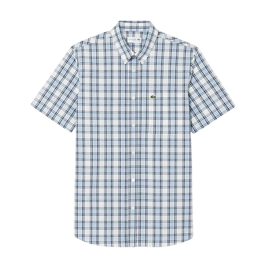 Áo Sơ Mi Cộc Tay Nam Lacoste Regular Fit Short Sleeved Shirt CH2509 BIR Màu Xanh Kẻ Trắng Size 40