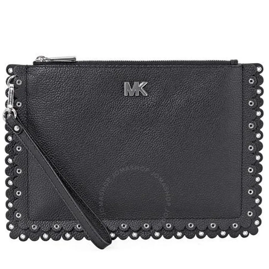 Ví Cầm Tay Michael Kors MK Medium Scallop Leather Zip Pouch- Black Màu Đen