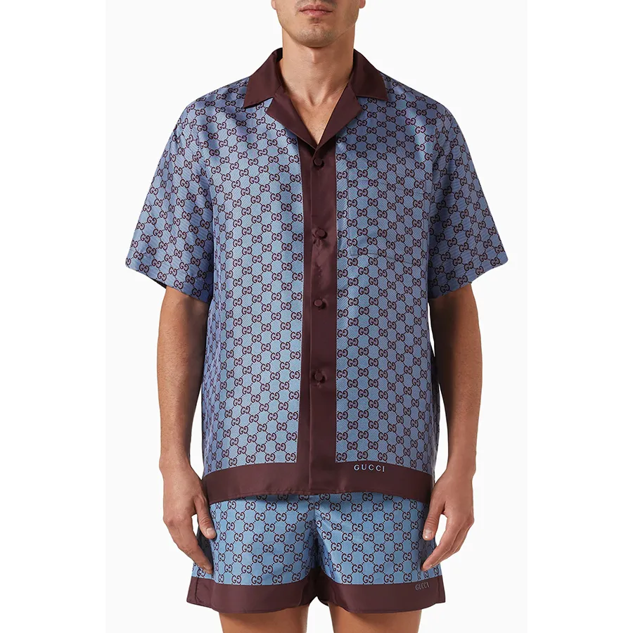 Áo Sơ Mi Nam Gucci GG Silk Twill Shirt 794907 ZASG3 6006 Màu Xanh