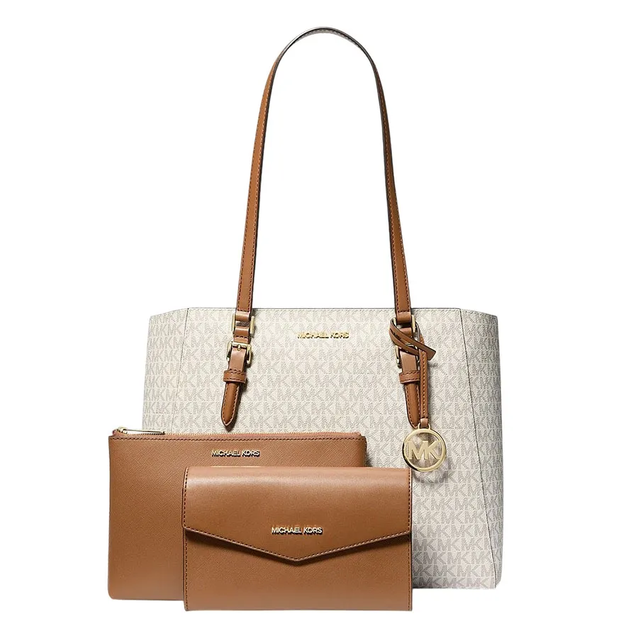 Set Túi Tote Michael Kors MK Charlotte Large 3-in-1 Signature Logo Bag 35F3GCFT9T Màu Trắng Nâu
