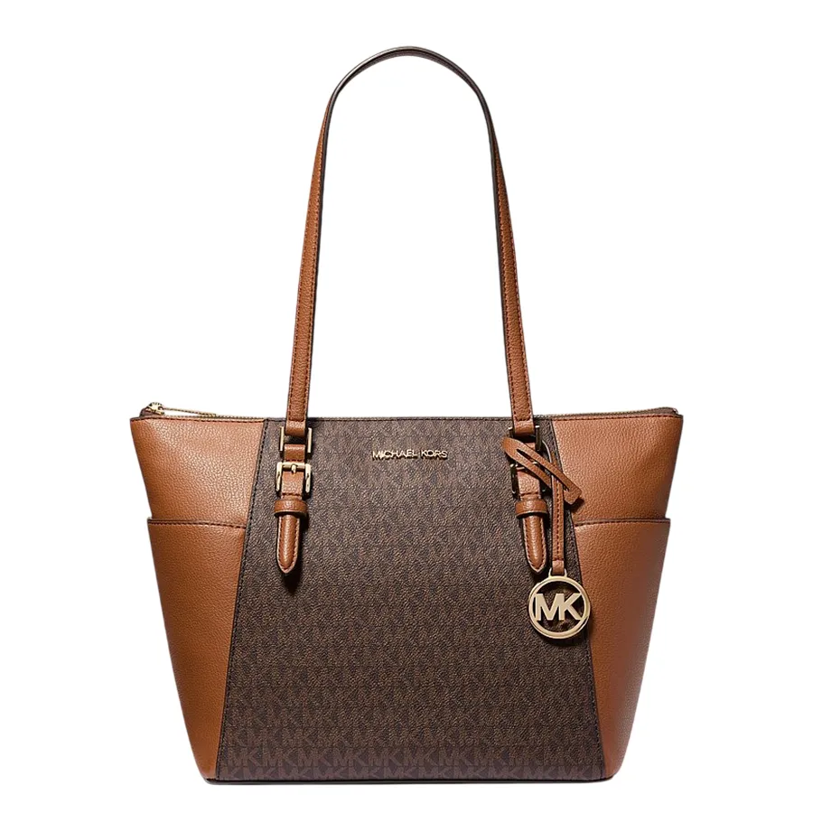 Túi Tote Nữ Michael Kors MK Charlotte Large Logo and Leather Top-Zip Tote Bag 35T0GCFT3B Màu Nâu