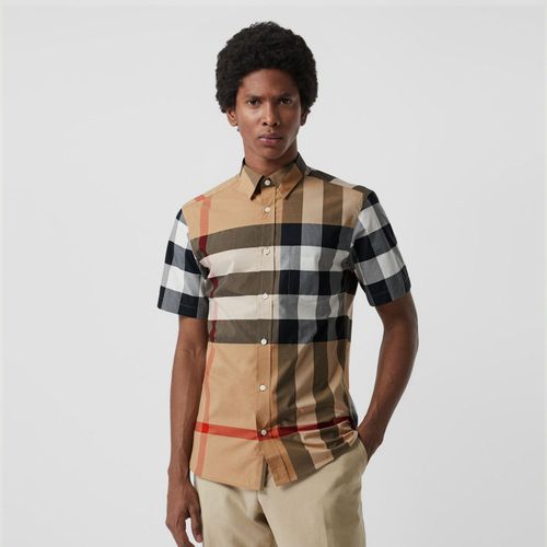 Áo Sơ Mi Burberry Short-sleeve Check Stretch Cotton Shirt Camel Size XS