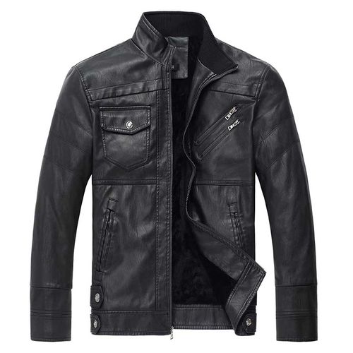 Áo Khoác Da Nam WULFUL Vintage Stand Collar Leather Jacket Motorcycle PU Faux Leather Outwear Black8833 Màu Đen
