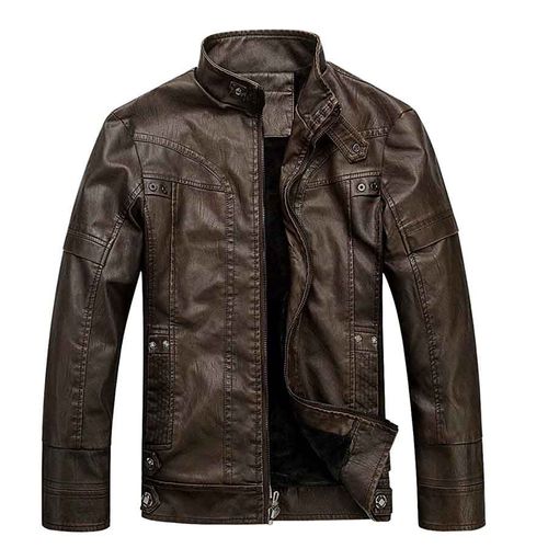 Áo Khoác Da Nam WULFUL Vintage Stand Collar Leather Jacket Motorcycle PU Faux Leather Outwear Brown2 Màu Nâu