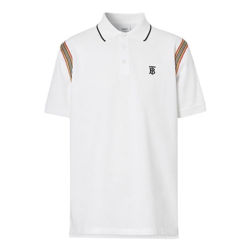 Áo Polo Burberry Icon Stripe And Monogram Polo Shirt In White Size M