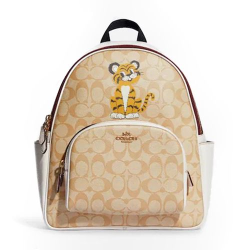 Balo Coach Court Backpack In Signature Canvas With Tiger Màu Nâu Trắng