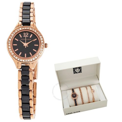 Set Đồng Hồ Và Vòng Đeo Tay Nữ Anne Klein Quartz Crystal Black Dial Ladies Watch And Bracelet 1954RNST
