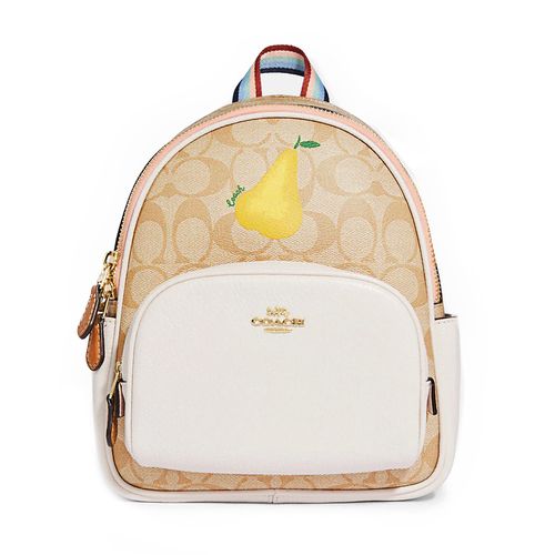 Balo Coach Mini Court Backpack In Signature Canvas With Pear Màu Nâu Trắng