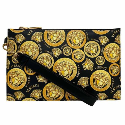 Túi Cầm Tay Versace Black Baroque Print Leather Pouch Clutch Wristlet Bag Màu Đen Vàng