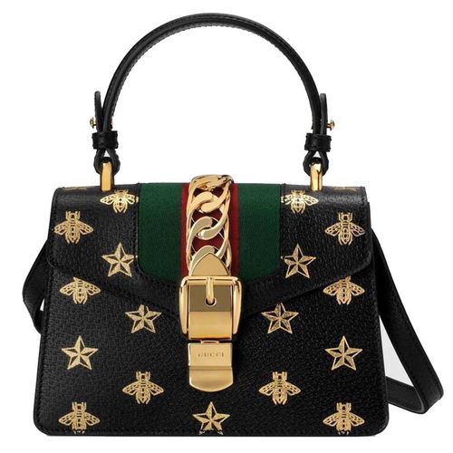 Túi Xách Gucci Sylvie Bee Star Mini Leather Bag Màu Đen Họa Tiết Vàng