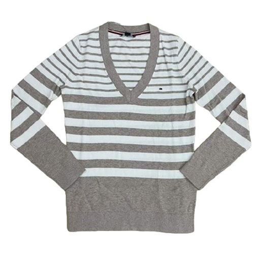 Áo Len Nữ Tommy Hilfiger Women's Striped V-Neck Sweater Màu Xám Trắng Size S